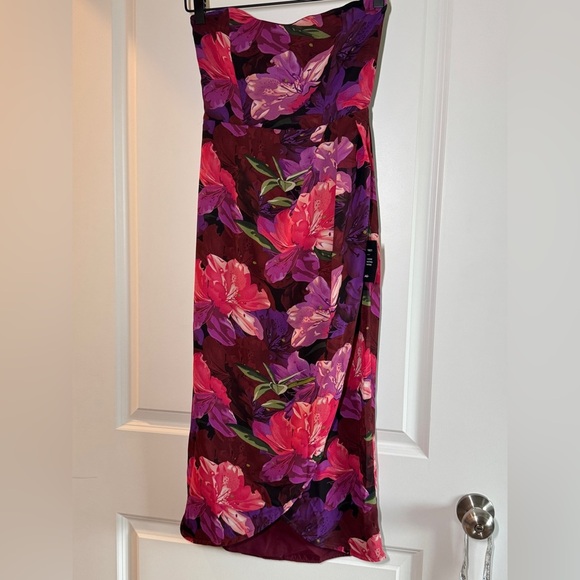 Lulus Burgundy Multi Floral Strapless Tulip Midi Dress - Picture 8 of 16